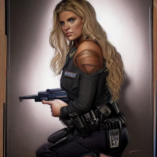 Image similar to jessica simpson as a cop, portrait face and bust in view, haunted house interior, pretty, aesthetic, matte detailed photo, DeviantArt, Artstation, by donato giancola, ralph horley, loish, cinematic lighting