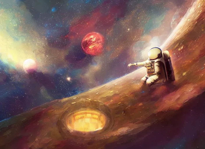 Prompt: craig mullins and ghibli digital illustration of an astronaut floating in the middle of the cosmos playing the oud playing the oud oud oud!!! improvisation, full body!!!, strong contrast, earth, galaxies, ethereal, inviting, bright, unreal engine, hyper realism, realistic shading, cinematic composition, wide shot