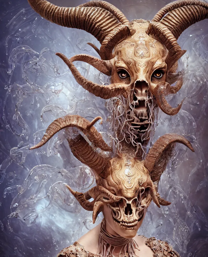 Prompt: close-up macro portrait of the face of a beautiful princess with ram goat satan mask, epic angle and pose, ribcage skeleton symmetrical artwork, 3d with depth of field, blurred background, cybernetic jellyfish female face phoenix bird, translucent, nautilus, energy flows of water and fire. a highly detailed epic cinematic concept art CG render. made in Maya, Blender and Photoshop, octane render, excellent composition, cinematic dystopian brutalist atmosphere, dynamic dramatic cinematic lighting, aesthetic, very inspirational, arthouse. y Greg Rutkowski, Ilya Kuvshinov, WLOP, Stanley Artgerm Lau, Ruan Jia and Fenghua Zhong