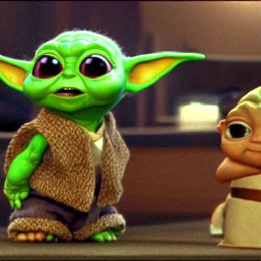 Prompt: wide shot baby yoda plays eats a bug in Pixar\'s movie Toy Story while Woody and Buzz laugh.