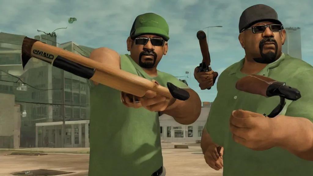 Image similar to Still of a PS2 videogame-looking Big Smoke with green clothing wielding a baseball bat in Better Call Saul