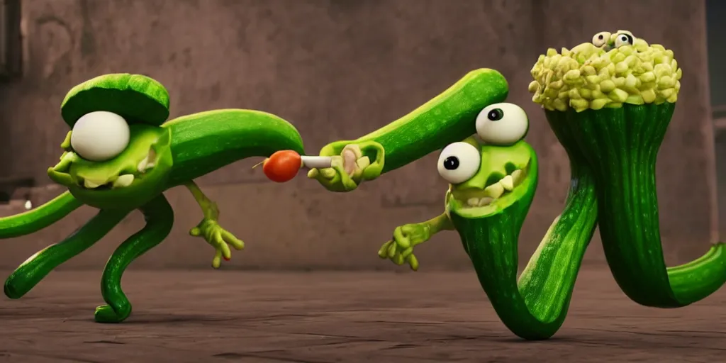 Image similar to detailed 3 d render of a bad zucchini character with arms and legs and a long sword!! chasing after a tomato character, hyper realistic octane render, cinematic lighting, pixar surrealism