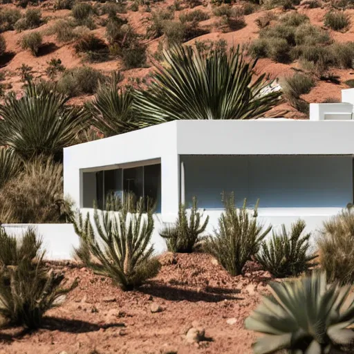 Prompt: white lego architect building in the dessert, with a lot plants and infinite pool