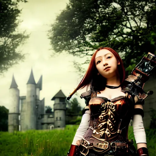 Prompt: anime girl with steampunk armor and weapons posing in front of a massive castle, finely detailed, epic, cinematic lighting, beautiful, clouds, sky, sunny, grass, trees, sharp focus, anime, full body portrait,
