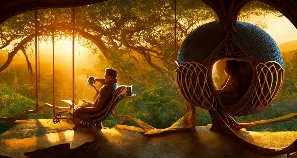 Image similar to An incredibly beautiful shot from a 2022 Marvel film featuring a character sitting in a cozy art nouveau reading nook inside a fantasy treehouse. Golden Hour. 8K UHD.