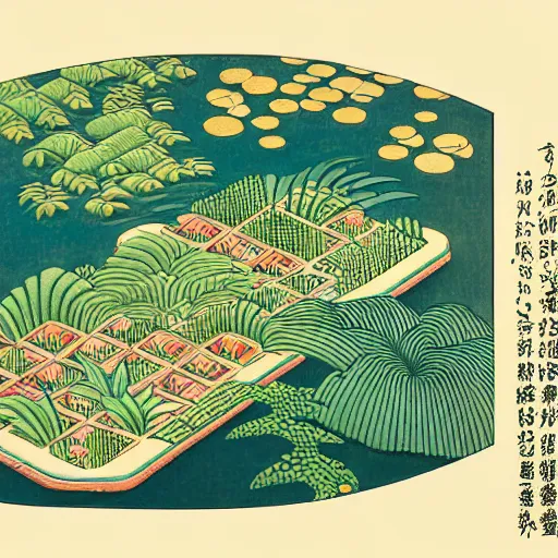 Prompt: 3 d isometric botanical illustration of a small city in an island surrounded by water, diego rivera in ukiyo - e style variation 1