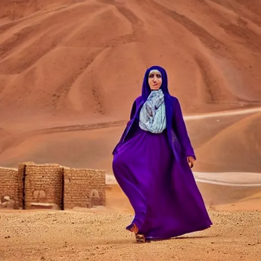 Image similar to low shot photo of feminine and lean arab woman wearing a long purple dress, strutting and looking fierce, with najdi mud houses in the background, early evening, starry sky, in the style of annie leibovitz amd steve meiele