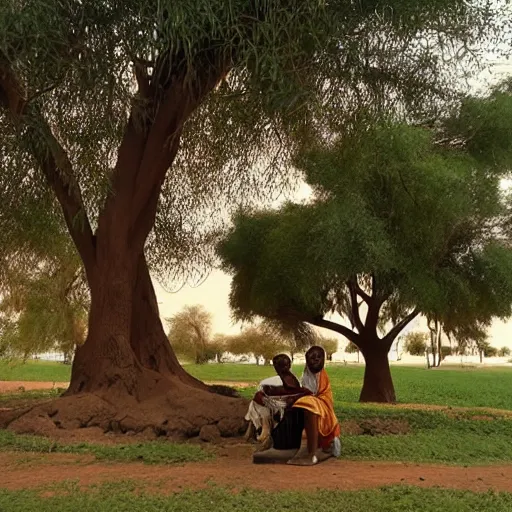 Prompt: tea lady under big tree in khartoum