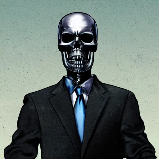 Prompt: A terminator with a half-bared skull in a business black suit crossed his arms, stands indoors, the background is blurred, focus in the foreground, realism, details,