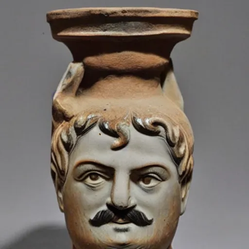 Prompt: a beautiful ancient greek amphora museum ceramic pottery vase depicting stalin waving