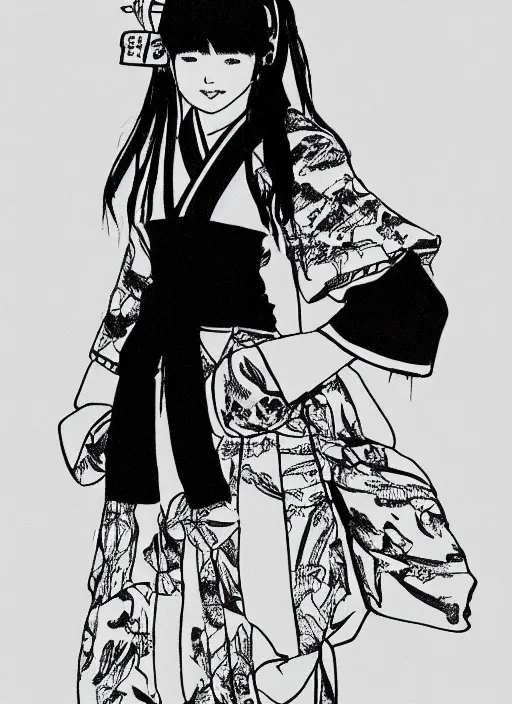 Prompt: a black and white rough sketch of a girl wearing traditional clothing of a japanese miko in the harajuku style wearing yeezy 5 0 0 sneakers