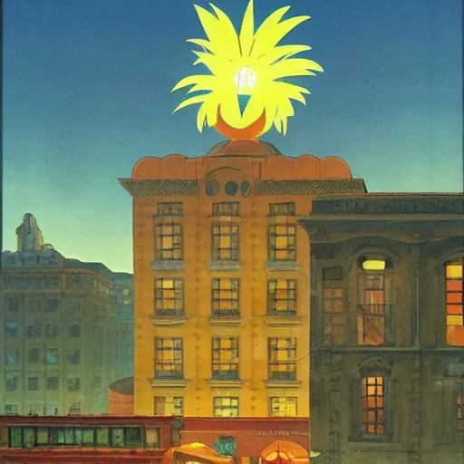 Image similar to A mysterious glowing pineapple shines above a city square, dieselpunk, by Studio Ghibli and Edward Hopper