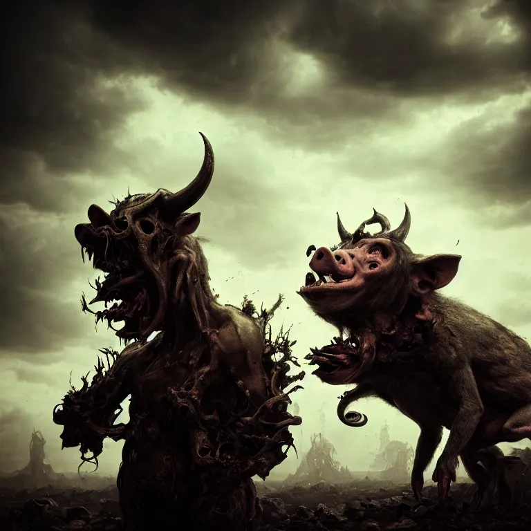 Prompt: portrait of a demon with pig body, monkey head, down curved horns, four hands on exoplanet, wrecked technology, dark clouds, surreal abandoned buildings, dream-like heavy atmosphere, baroque painting, beautiful detailed intricate insanely detailed octane render trending on Artstation, 8K artistic photography, unreal engine, photorealistic, dramatic volumetric cinematic light, chiaroscuro, award-winning photograph, masterpiece, Raphael, Caravaggio, Beksinski, Giger