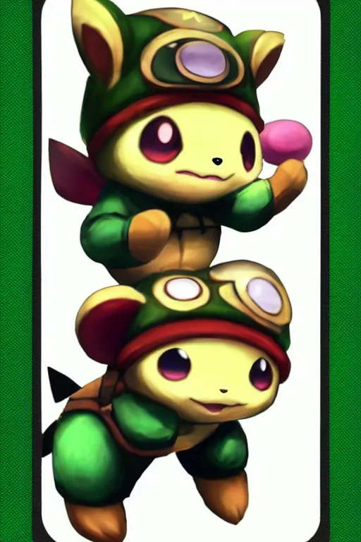 Image similar to teemo, a pokemon card of teemo, pokemon card scan