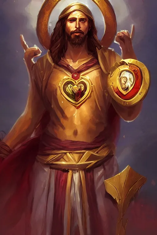 Prompt: A card of Jesus Christ as a DOTA 2 character holding a Sacred Heart armor, card game, card, trade card game, Artifact Dota2, by Stanley Artgerm Lau, WLOP, Rossdraws, James Jean, Andrei Riabovitchev, Marc Simonetti, Yoshitaka Amano, ArtStation, CGSociety,