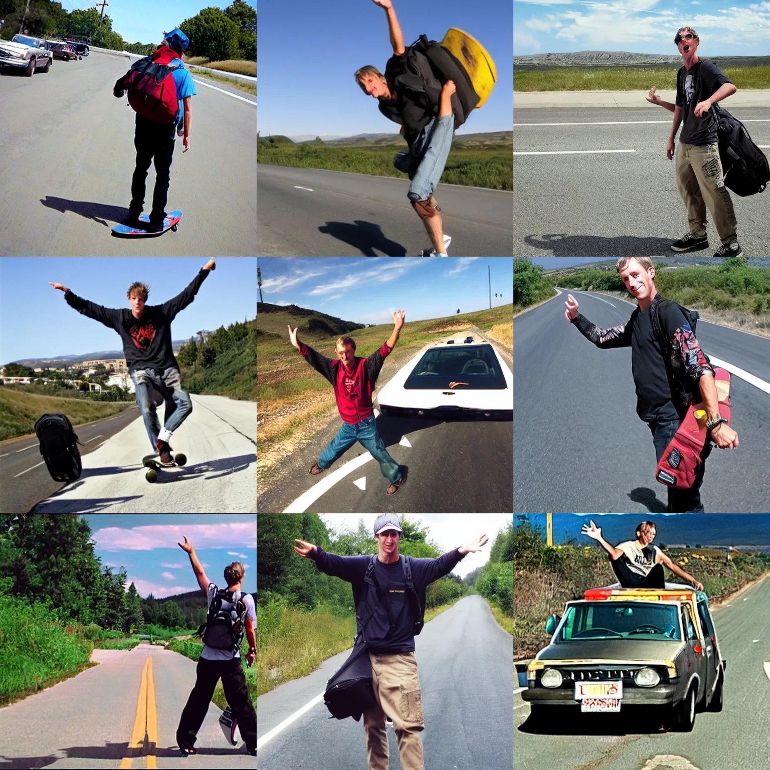 Prompt: tony hawk pro hitchhiking