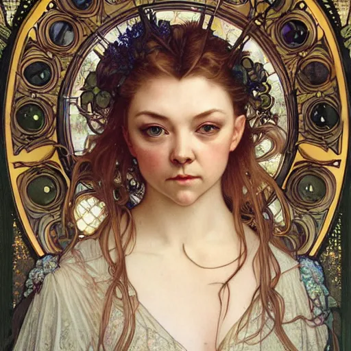 Prompt: realistic detailed face portrait of young Natalie Dormer Bride by Alphonse Mucha, Ayami Kojima, Amano, Charlie Bowater, Karol Bak, Greg Hildebrandt, Jean Delville, and Mark Brooks, Art Nouveau, Neo-Gothic, gothic, rich deep moody colors