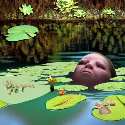 Image similar to A face submerged in shallow water surrounded by lily pads and other vegetation. The eyes are glowing and there is a hand reaching out towards you