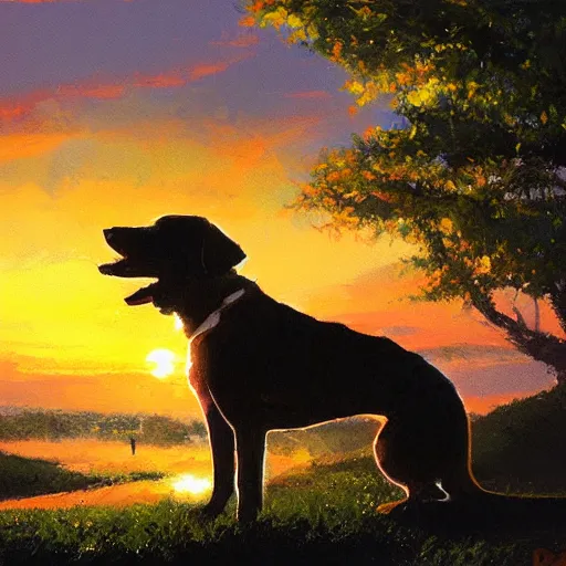 Prompt: a dog watching a beautiful sunset, paint by craig mullins