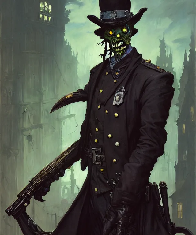 Prompt: painting of a slimy zombie cop by edgar maxence and rhads and leyendecker. bloodborne award - winning digital art on pixiv, trending on artstation, cinematic lighting, dramatic lighting, stunning and beautiful scenery - highly detailed, hyperrealistic, unreal engine 5