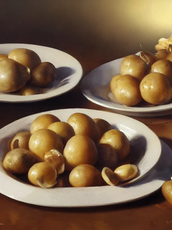 Prompt: A ultradetailed beautiful panting of an extremely appetizing plate of potatoes and mushroom, oil panting, high resolution 4K, by Ilya Kuvshinov, Greg Rutkowski and Makoto Shinkai