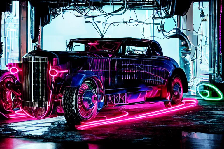 Prompt: cyberpunk version of a 1 9 3 0 cadillac v 1 6, neon