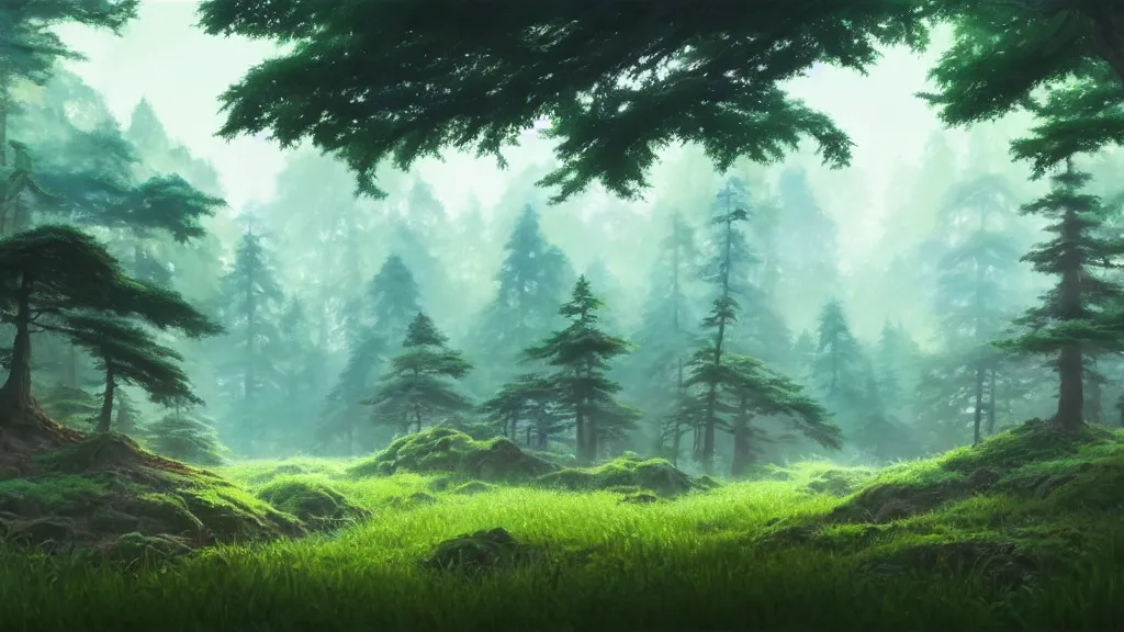 Image similar to forest clearing landscape, studio ghibli, pixar and disney animation, sharp, rendered in unreal engine 5, highly detailed, digital painting, artstation, concept art, smooth, sharp focus, illustration, wide angle, artbook, wallpaper, splash art, promo art, dramatic lighting, art by artgerm and greg rutkowski and bo chen and jin xiaodi