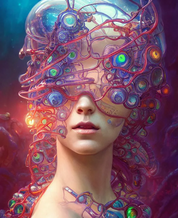 Prompt: intricate colorful transparent portrait of a terrifying beautiful alien sea creature, mottled coloring, adorable, childlike, biopunk environment, ultra realistic, concept art, art nouveau, photorealistic, octane render, 8 k, unreal engine. art by christopher marley and artgerm and greg rutkowski and alphonse mucha