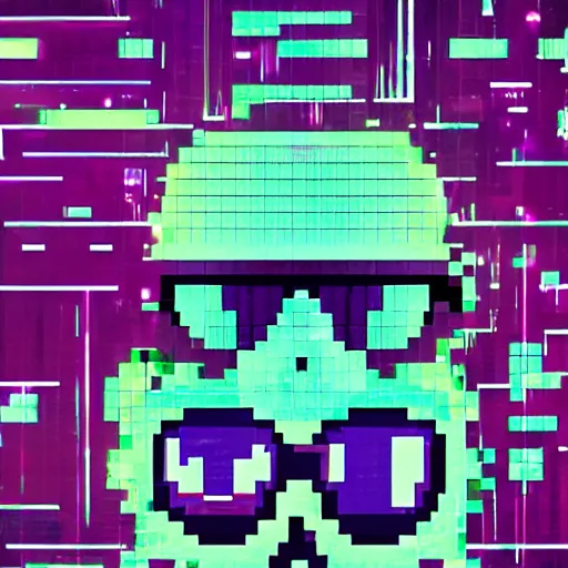 Image similar to a skull man wearing goggles with the words pixel spelt out above in a cyberpunk aesthetic