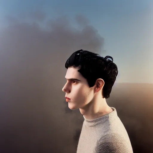 Prompt: un ultra high definition studio quality photograph portrait of a pale young man with black hair standing on the rooftop of an apartment building wearing eclectic clothes looking away from the camera. wide angle. morning. art directed. clear. fog. three point light. extremely detailed. golden hour, golden ratio, ray tracing, volumetric light, shallow depth of field.