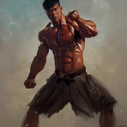 Prompt: A detailed oil painting of a muscular martial artist by greg rutkowski and artgerm, trending on artstation, dungeons and dragons art