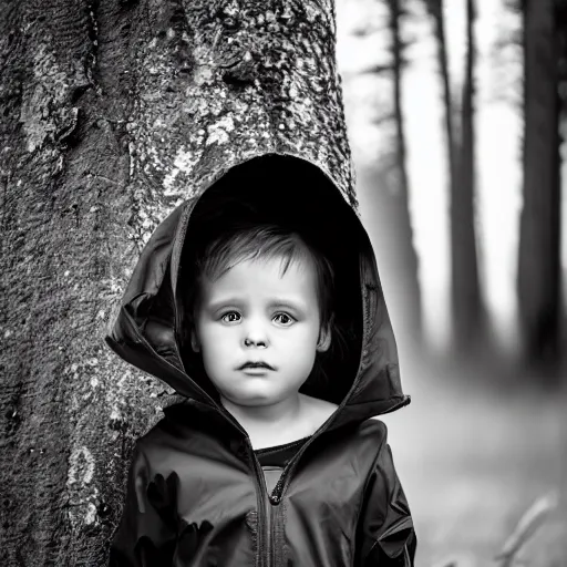 Prompt: stunning portrait photography of A sad child wearing boots, leggings and a raincoat, near forest, outdoors, dark from national geographic award winning, large format dramatic lighting, taken with canon 5d mk4, sigma art lens, monochrome