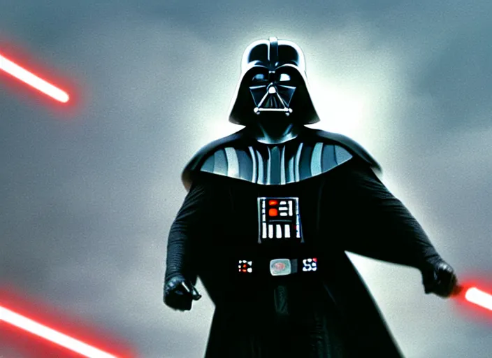 Image similar to film still of Darth Vader jumping up in joy over his great success in the new Star Wars movie, 4k