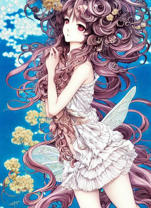 Image similar to exquisite imaginative manga poster of a fairy lady, long wavy hair, rococo dress, shimmering, by ayami kojima, shigenori soejima, minaba hideo,, jump comics, shogakukan, illustration, artstation, highly detailed, 8 k, fluorescent, maximalist