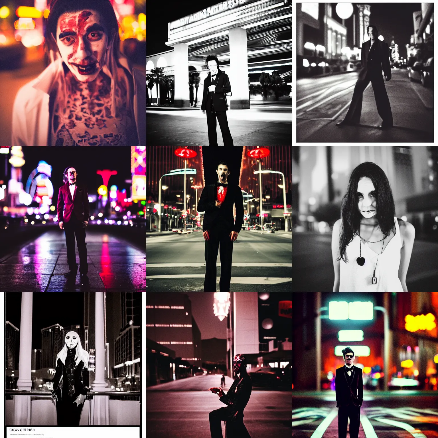 Image similar to portrait of a vampire in Las Vegas at night, blood, 35mm f1.8, color, behance, trending on instagram