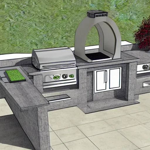 Prompt: modern outdoor kitchen design with grill and pizza oven, designer pencil sketch, HD resolution