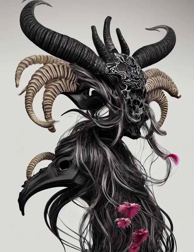 Image similar to 3 d goddess goat skull half - turn portrait with long hair with ram skull. beautiful intricately detailed japanese crow kitsune mask and clasical japanese kimono. betta fish, jellyfish phoenix, bio luminescent, plasma, ice, water, wind, creature, artwork by tooth wu and wlop and beeple and greg rutkowski