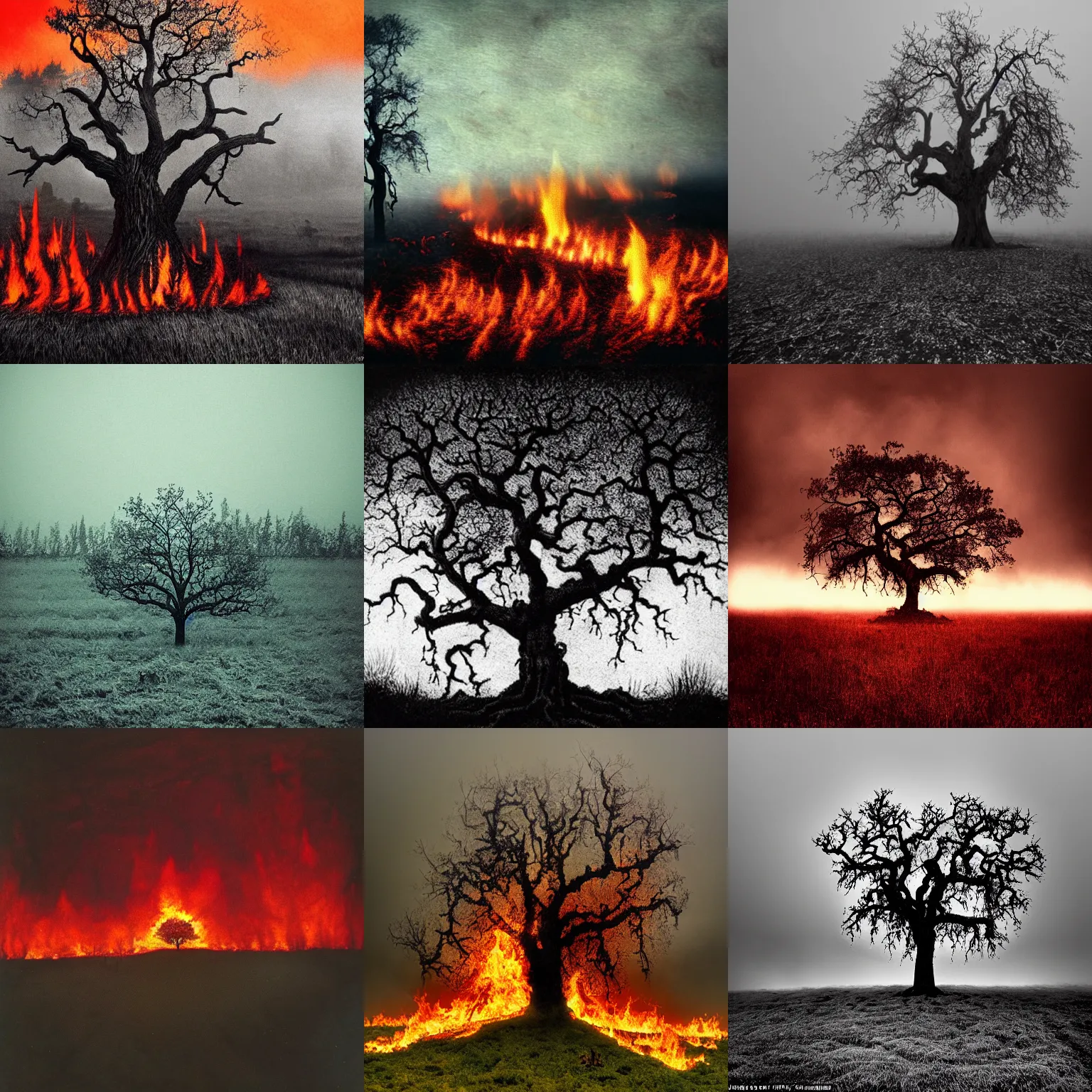 Prompt: an oak tree in an open field aflame, hellish images, hellfire, still, fog in background, dantes inferno, black metal album cover, evil, horror