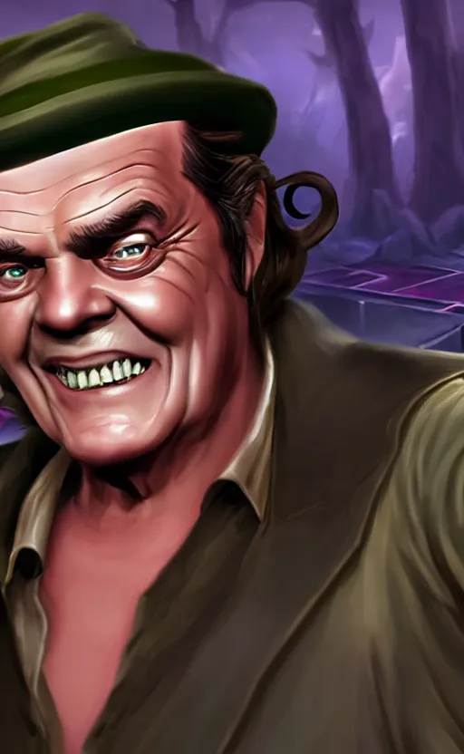 Image similar to Jack Nicholson as a character in the game League of Legends, with a background based on the game League of Legends, detailed face, old 3d graphics