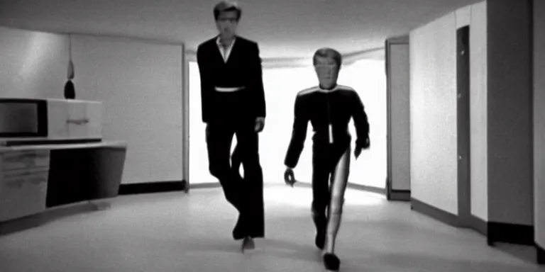 Image similar to photorealistic wide shot black and white twilight zone style cinematography of a 1 9 8 1 version of healthy david bowie in a cheesy 5 0's space suit acting as a man from outter space in a twilight zone episode that takes place in mid century modern apartment shot on film by the shining cinematographer john alcott on a cooke panchro 1 8 mm lens.