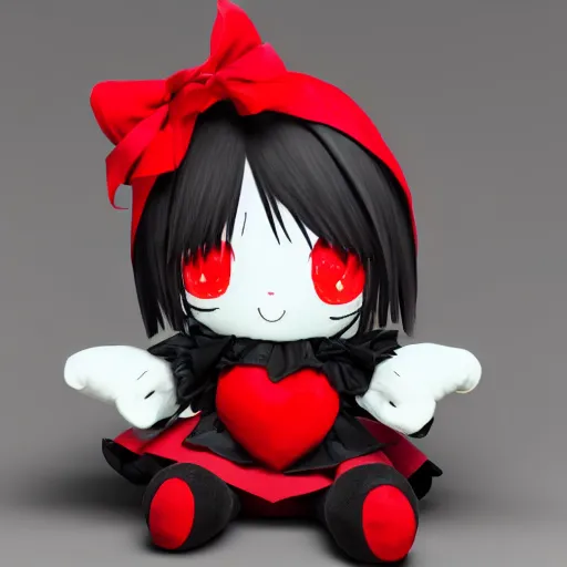 Prompt: cute fumo plush of a void imp who crawled out a hole in reality, anime girl, black and red, green ribbon and heart, ruffled and tattered dress, symmetry, gothic, melting crayons, glow, vray