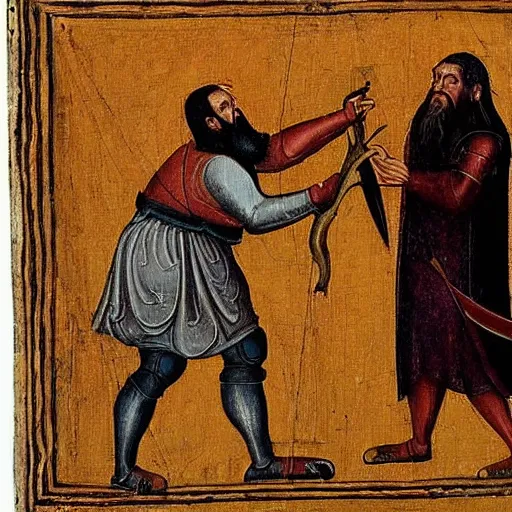 Prompt: a realistic medieval painting of a large bearded man being knighted