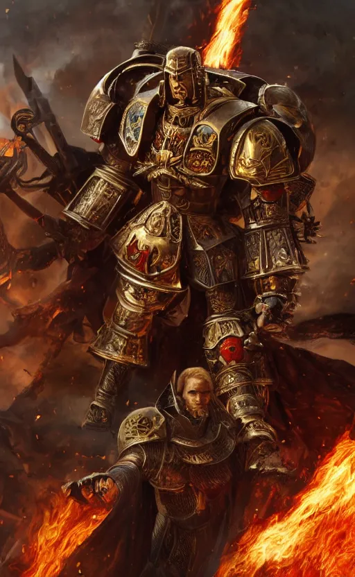 Image similar to 10 foot tall Henry Cavill as warhammer 40k Emperor of Mankind dressed in his golden power armor holding a flaming sword in his right hand. full-length portrait, beautiful face, long hair, painted by Donato Giancarlo and Annie Liebowitz, fine details, cinematic, highly detailed, octane render