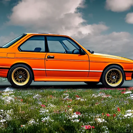 Image similar to photorealistic image of orange bmw e 3 0 m 3 in a field of flowers, picture taken from below