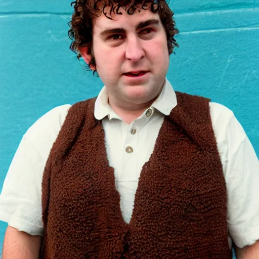 Image similar to close up headshot of a frowning clean shaven pudgy British lad with short curly dark brown hair as a hobbit wearing a white men's crossbody sling chest bag and blue vest, blue vest!! white crossbody chestbag!! high resolution film still, by Alexandra Nataf