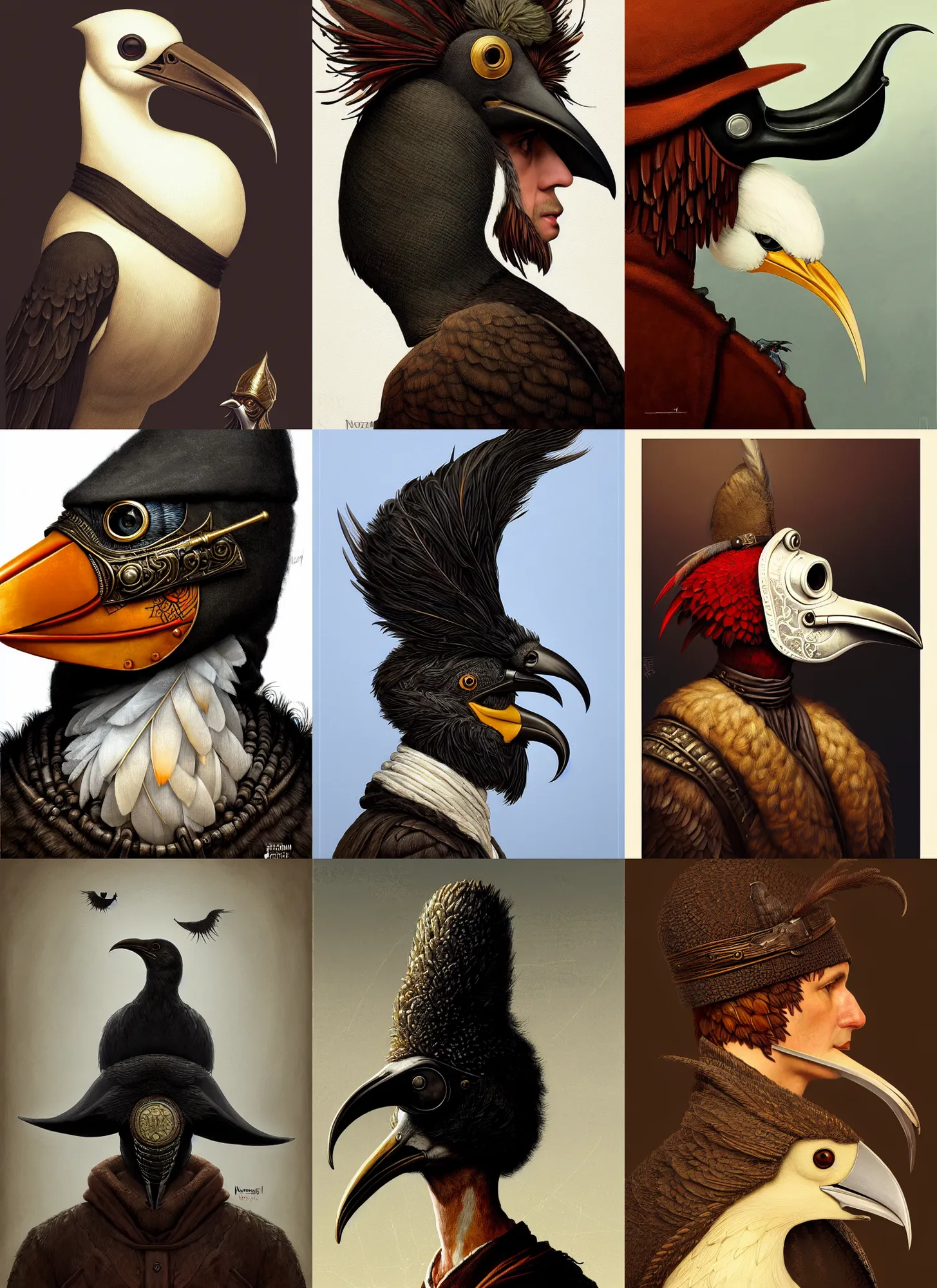 Image similar to rpg! profile! portrait of humanoid bird on white background, beak, feathers, plague doctor, beautiful clothes, intricate, highly detailed, digital painting, artstation, concept art, smooth, sharp focus, illustration, art by norman rockwell emiliano ponzi andrey remnev yoann lossel aaron jasinski, 8 k