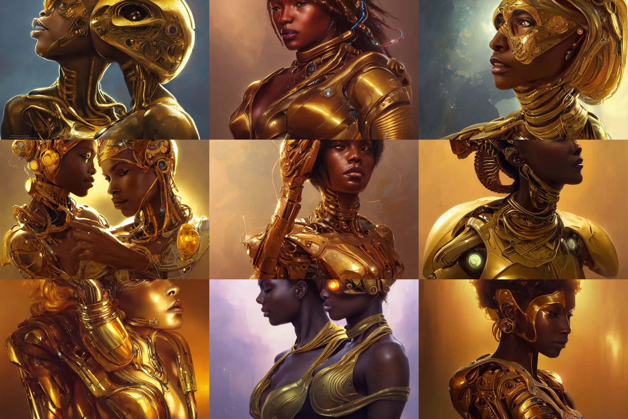 Prompt: Ultra realistic,golden cyborg african woman, cyberpunk, sci-fi, fantasy, intricate, elegant, highly detailed, digital painting, artstation, concept art, smooth, sharp focus, illustration, art by artgerm and greg rutkowski and alphonse mucha