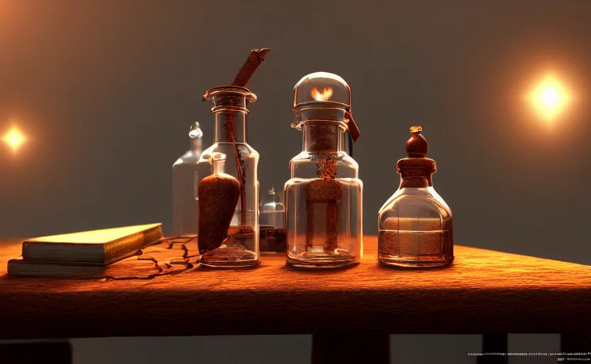 Image similar to a magic potion bottle on an alchemists table, dynamic lighting, ambient lighting, atmospherical, photorealistic fantasy concept art, trending on art station, stunning visuals, creative, cinematic, ultra detailed