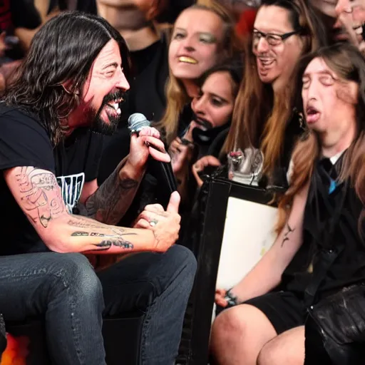 Prompt: close up image of dave grohl trying to speak to an extremely sexy groupie