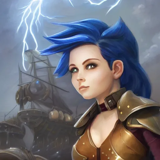 Image similar to female gnome engineer with pixie undercut hair, blasting lightning from metal gauntlet covering her arm, standing on a ship deck, full body portrait, lightning fantasy magic, naval background, D&D, piercing stare, highly detailed, digital painting, HD, ArtStation, great composition, concept art, matte, sharp focus, illustration, art by artgerm and Greg Rutkowski